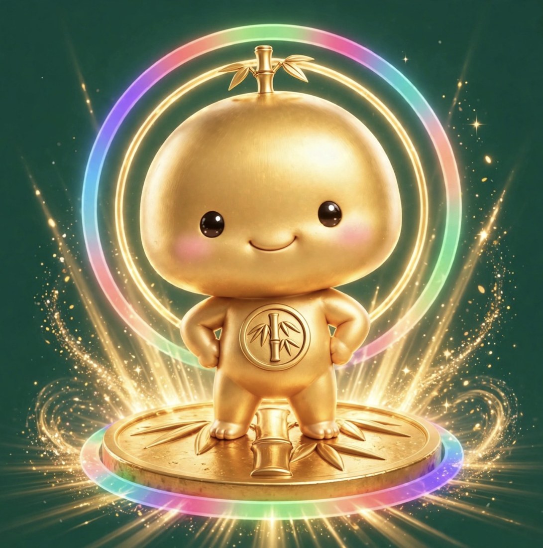 Bambooty: el hijo dorado sobre su plataforma-medallón, con la placa del logo en el pecho, un brotecito de dos hojas en la cabeza y su doble aureola de luz