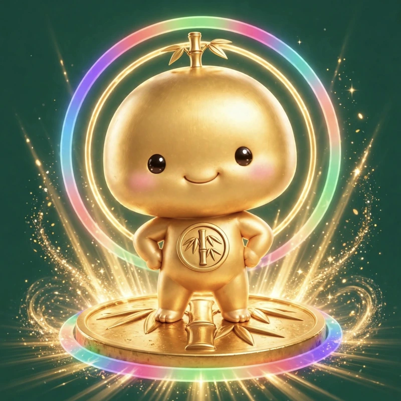 Bambooty: su retrato — el hijo dorado de proporciones esbeltas sobre el medallón, con la placa del logo en el pecho y un brotecito de dos hojas en la cabeza