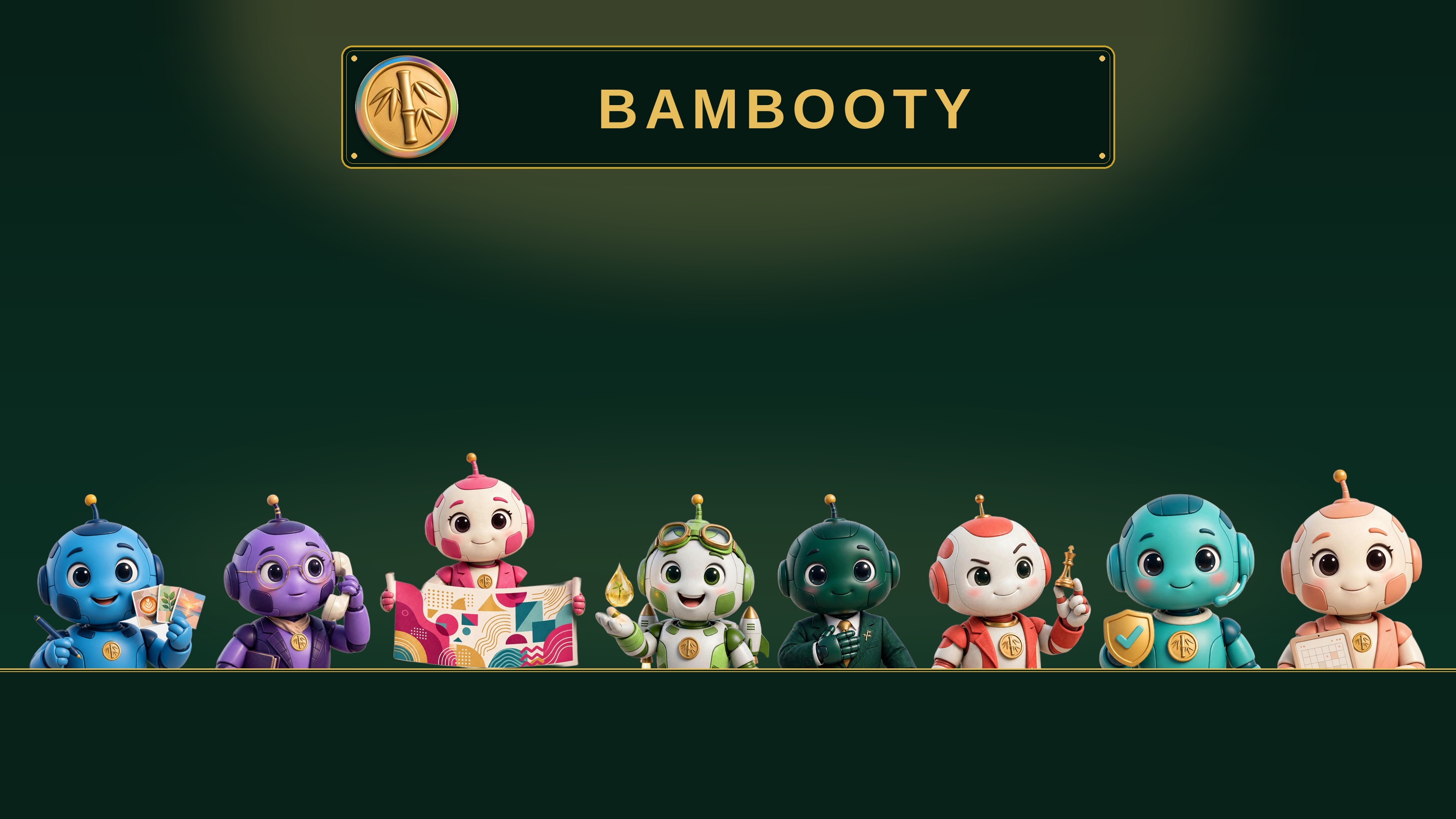 Los ocho agentes de Bambooty en su oficina, saludando a cámara
