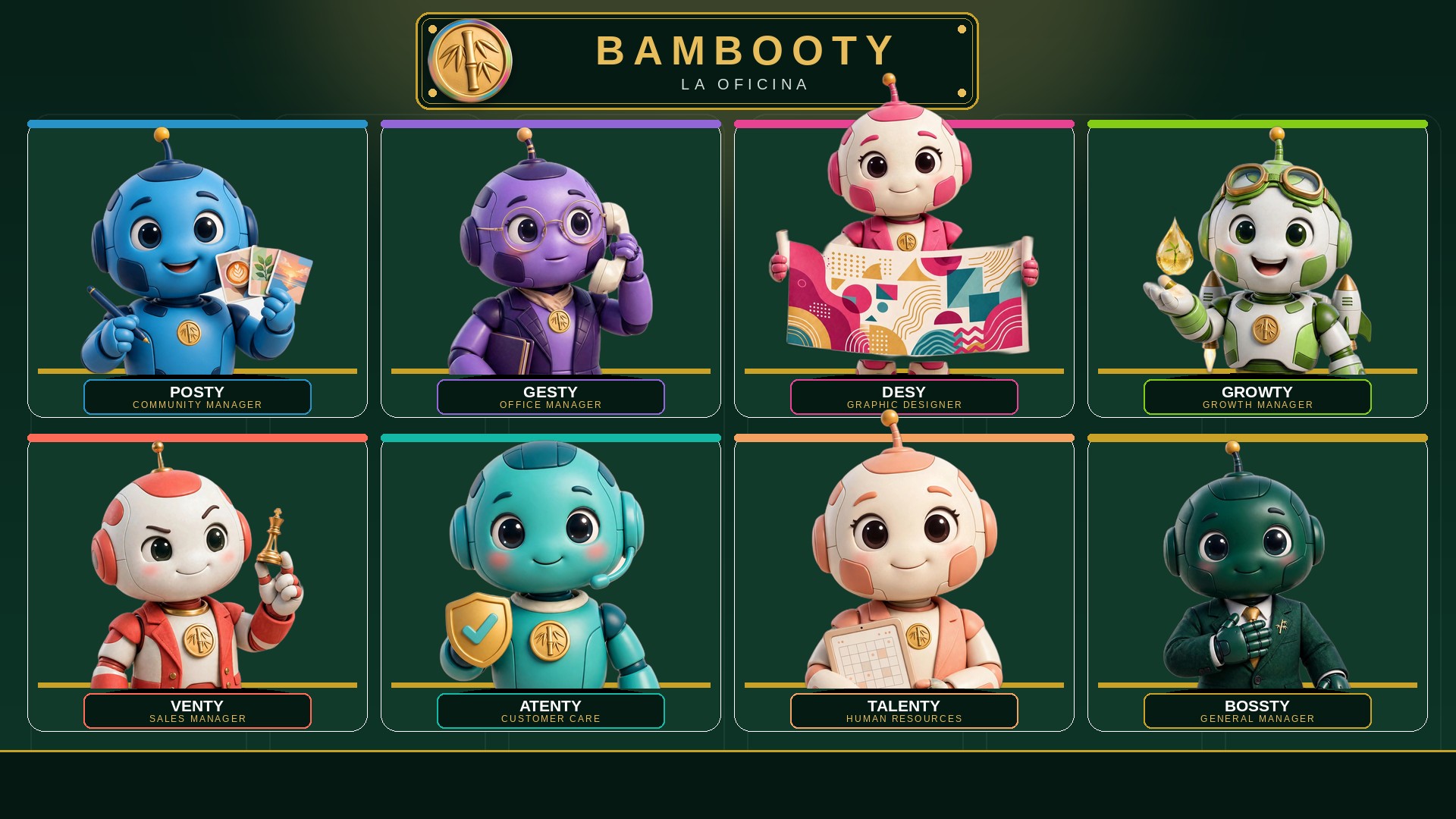 La oficina de Bambooty: los ocho agentes, cada uno en su sector, trabajando en su rubro